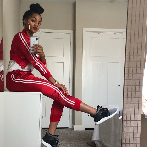 red satin tracksuit